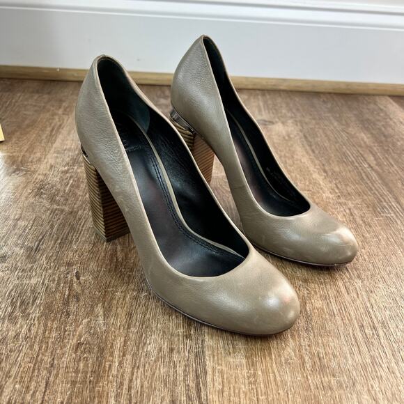 Tory Burch Shoes - Tory Burch Jones Pumps Leather Stacked Heels Gray Brown